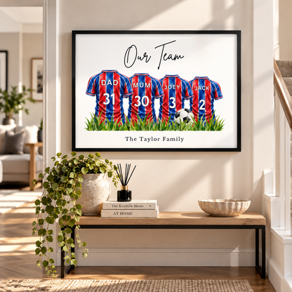 Custom family football shirt print featuring personalised names and numbers displayed in a family home