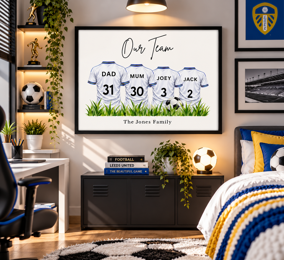 Leeds United inspired personalised family football print in a football themed kids bedroom with white blue and yellow shirt artwork