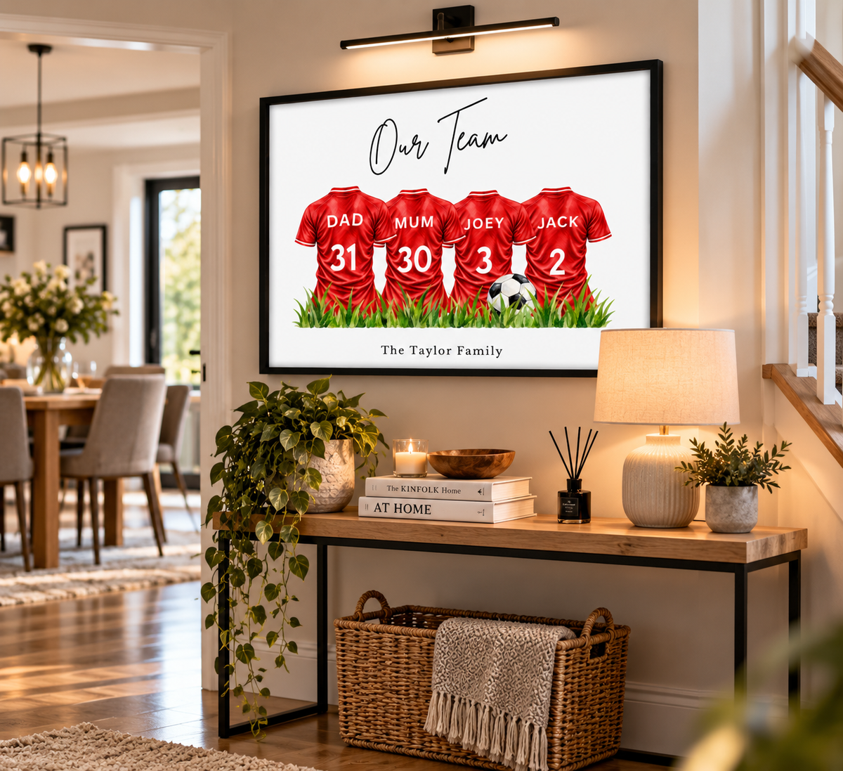 Personalised Liverpool inspired family football print featuring four red football shirts with custom names and numbers in black frame