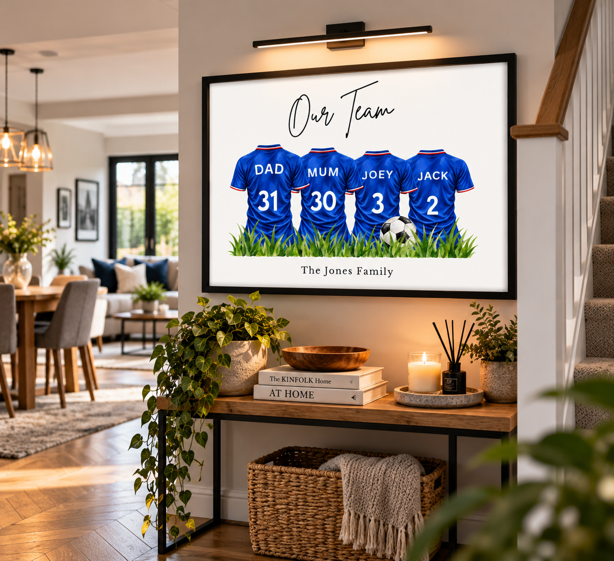 Personalised Glasgow Rangers inspired family football print with four royal blue shirts, custom names and numbers, framed football wall art