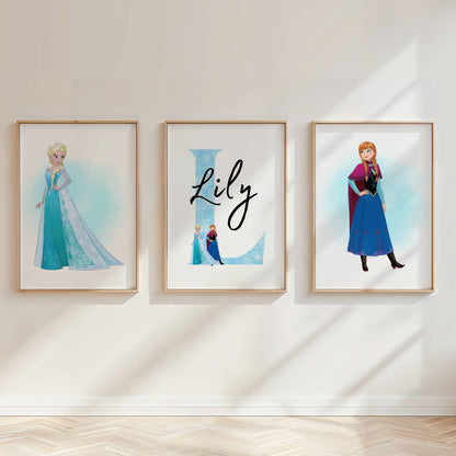 Personalised Frozen Princess Wall Art Set of 3 | Elsa Anna Girls Bedroom Prints