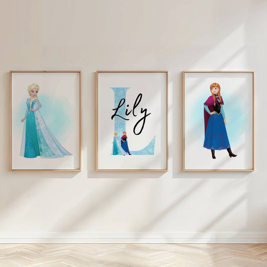 Personalised Frozen Princess Wall Art Set of 3 | Elsa Anna Girls Bedroom Prints