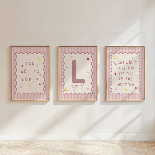 Personalised Baby Girl Nursery Wall Art Set | Pink Coquette Nursery Prints