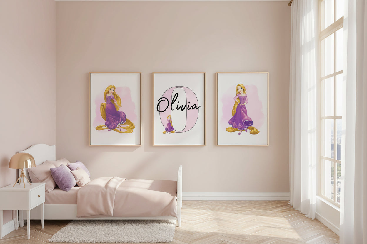 Personalised Rapunzel Princess Wall Art Set of 3 | Girls Bedroom Prints