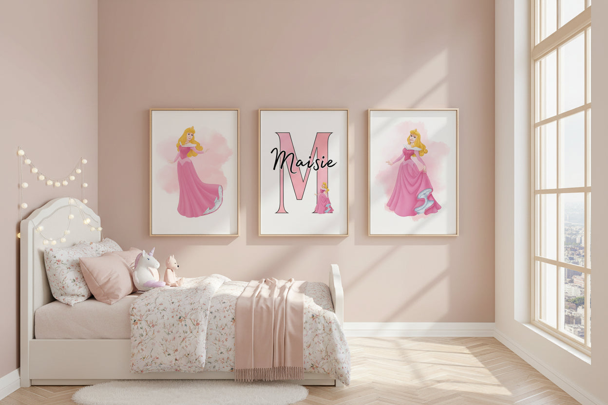 Personalised Princess Aurora Girls Bedroom Print Set of 3 Pink Wall Art