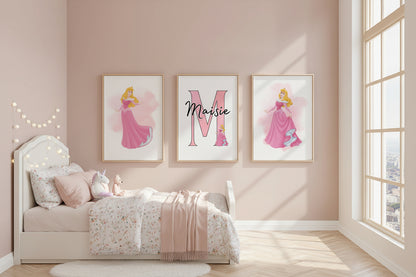 Personalised Princess Aurora Girls Bedroom Print Set of 3 Pink Wall Art
