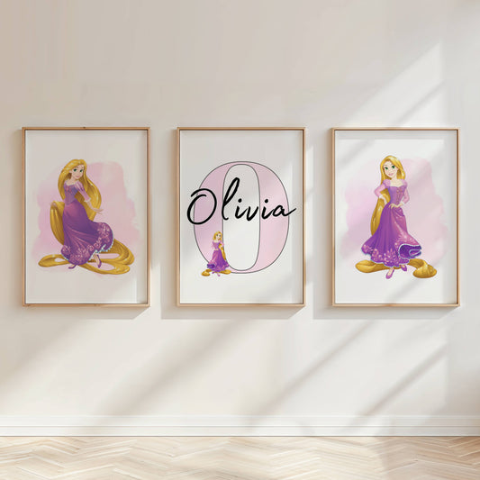 Personalised Rapunzel Princess Wall Art Set of 3 | Girls Bedroom Prints