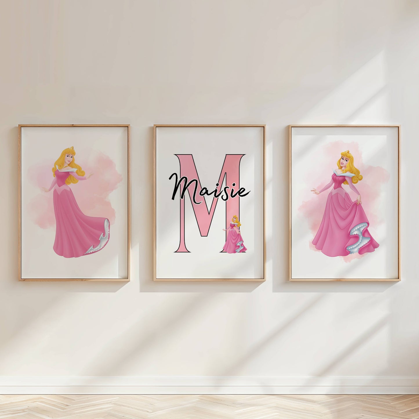 Personalised Princess Aurora Girls Bedroom Print Set of 3 Pink Wall Art