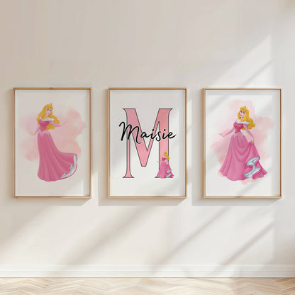 Personalised Princess Aurora Girls Bedroom Print Set of 3 Pink Wall Art
