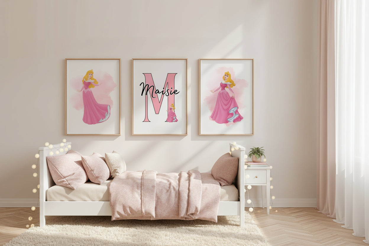 Personalised Princess Aurora Girls Bedroom Print Set of 3 Pink Wall Art