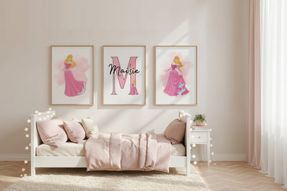 Personalised Princess Aurora Girls Bedroom Print Set of 3 Pink Wall Art