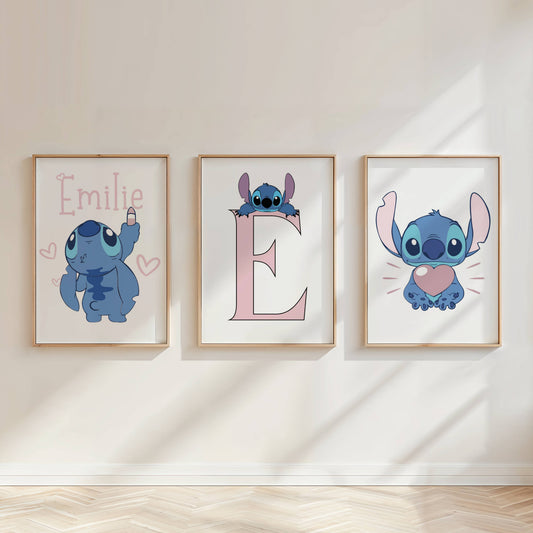 Personalised Stitch Nursery Prints Set | Kids Bedroom Wall Art | Disney Inspired