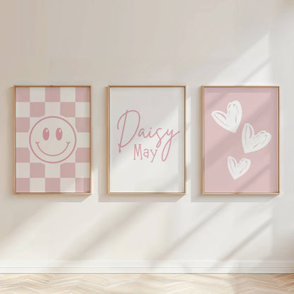 Personalised Pink Coquette Wall Art Set of 3 | Girls Bedroom Prints