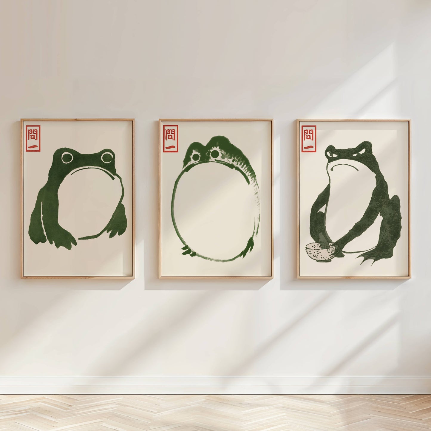 Japandi Frog Wall Art Set of 3 | Matsumoto Hoji Grumpy Toad Prints