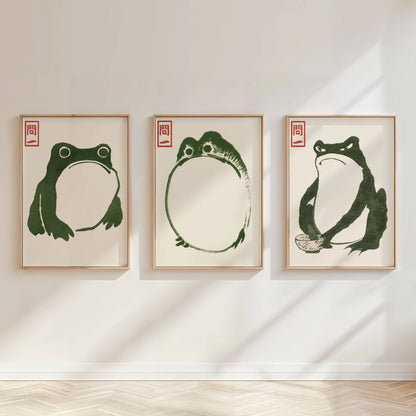 Japandi Frog Wall Art Set of 3 | Matsumoto Hoji Grumpy Toad Prints