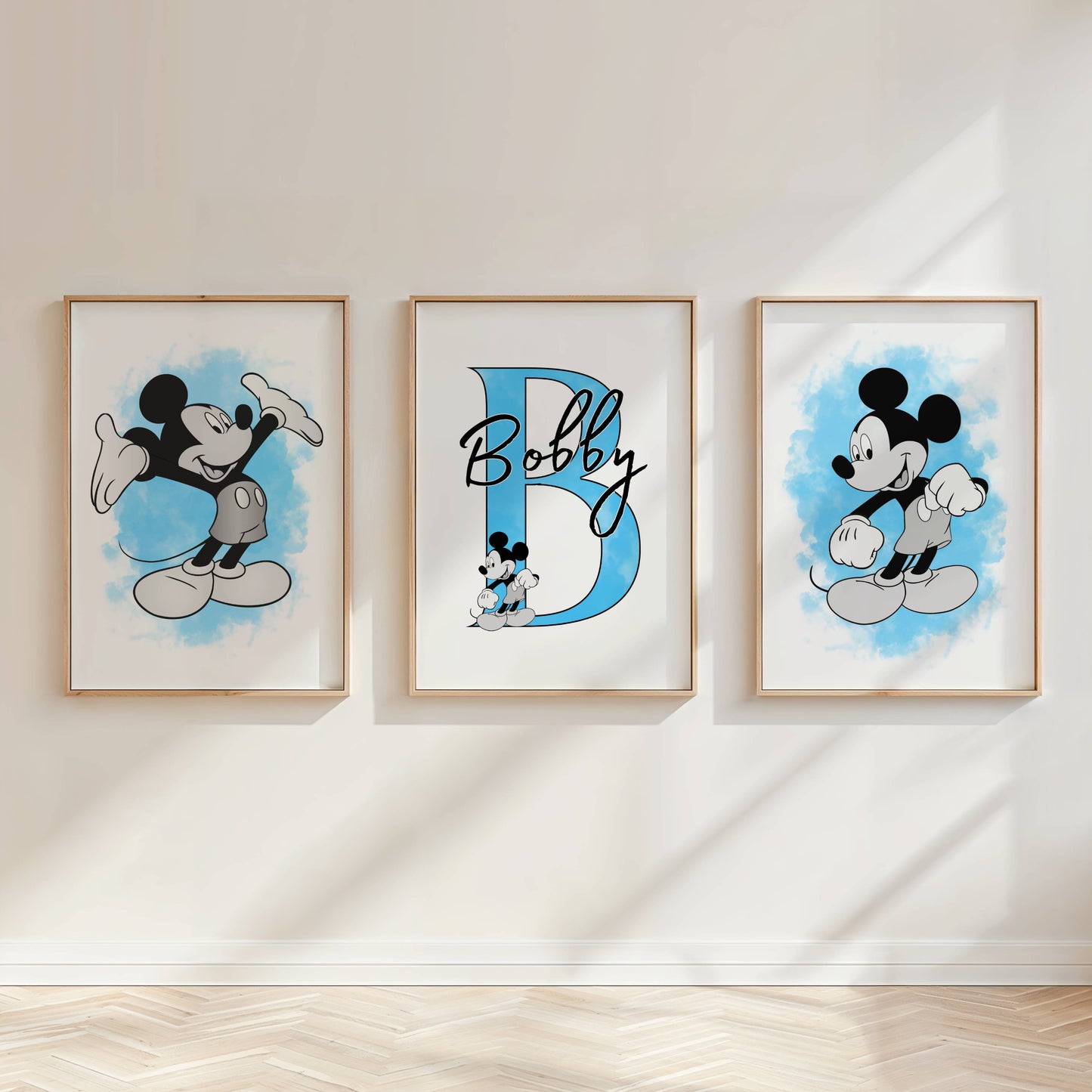 Personalised Mouse Nursery Print Set of 3 Blue Baby Bedroom Wall Art