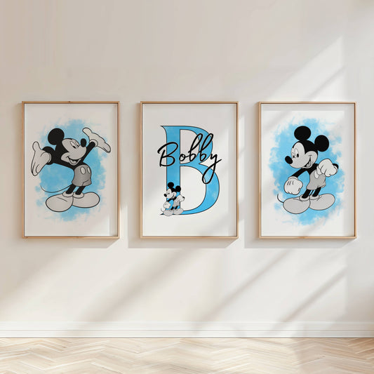 Personalised Mouse Nursery Print Set of 3 Blue Baby Bedroom Wall Art