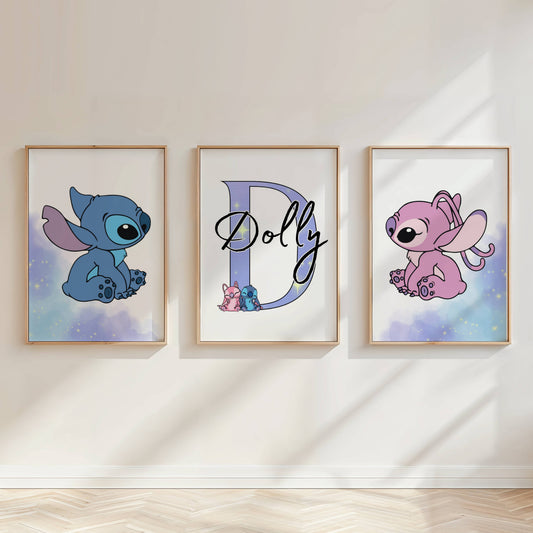 Set of 3 Personalised Stitch Nursery Prints | Kids Bedroom Wall Art | Disney Inspired