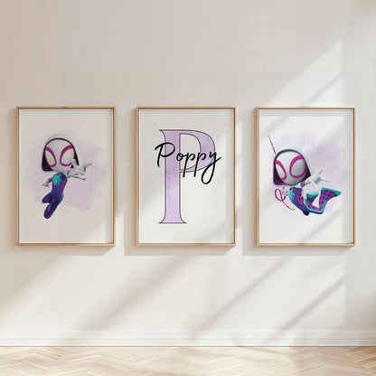 Personalised Spider Gwen Ghost Spider Wall Art Set of 3 | Superhero Girls Bedroom Prints