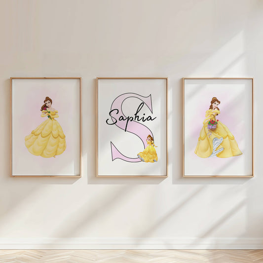 Disney Princess Belle Personalised Name Prints Set of 3 | Girls Bedroom Wall Art