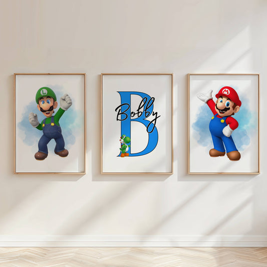 Personalised Mario & Luigi Wall Art Set of 3 | Gaming Bedroom Prints