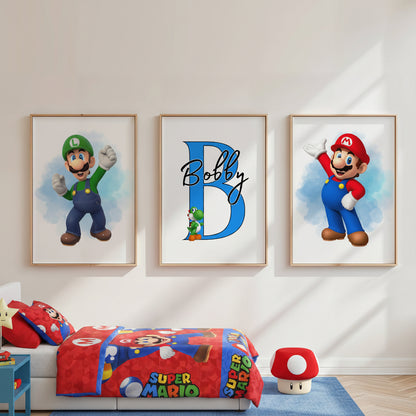 Personalised Mario & Luigi Wall Art Set of 3 | Gaming Bedroom Prints