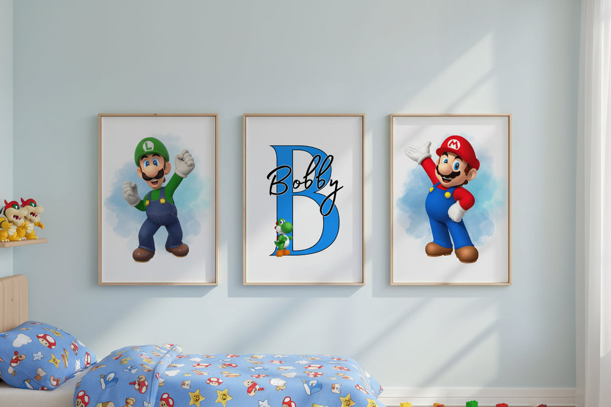 Personalised Mario & Luigi Wall Art Set of 3 | Gaming Bedroom Prints