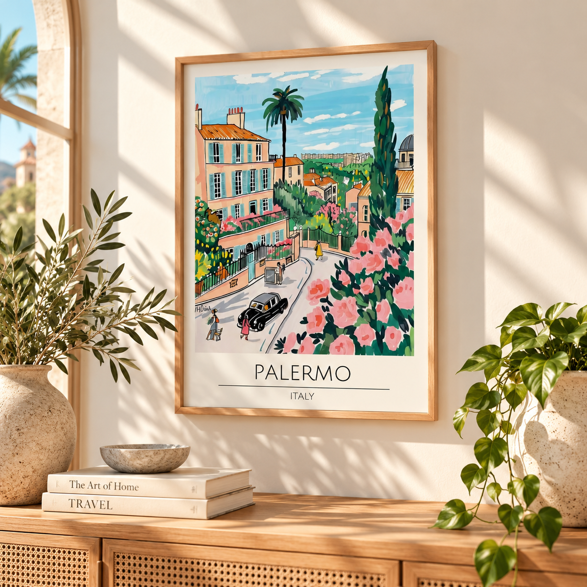 A framed art print of a colorful vintage illustration of Palermo, Italy, hanging on a warm beige wall in a beautifully styled room with potted plants and a wooden console table.