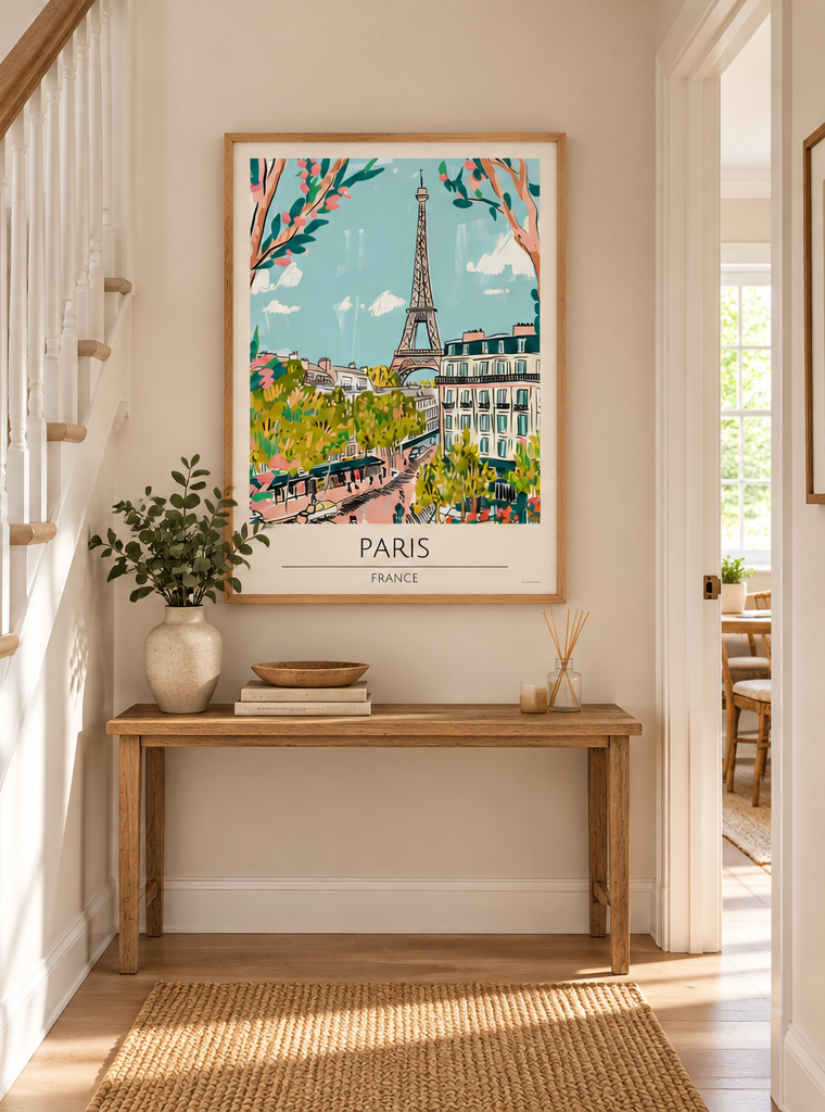 A colorful Paris art print featuring the Eiffel Tower and a tree-lined avenue, displayed on a beige wall above a wooden console table in a bright, modern hallway.