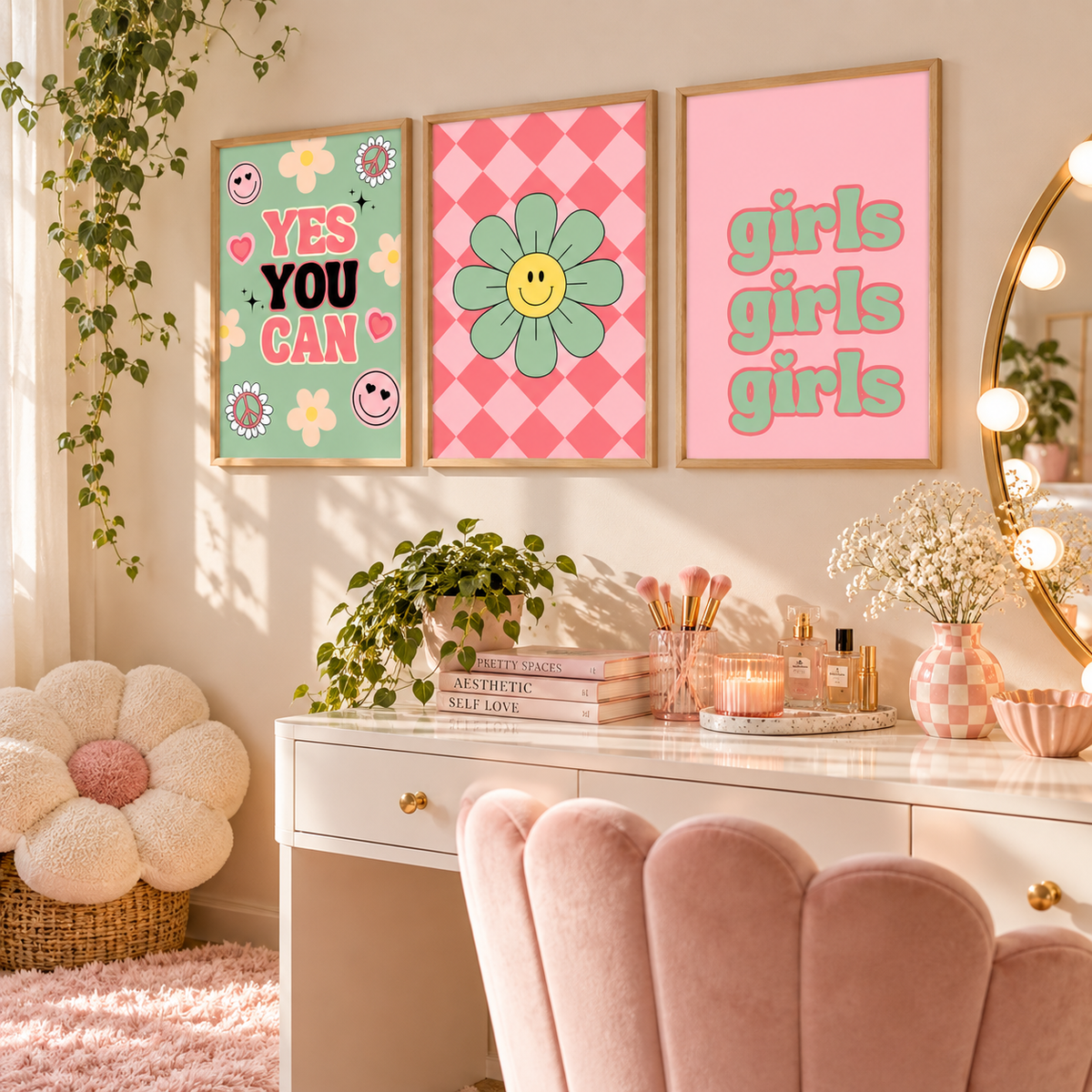 Three framed retro-style wall art prints hang above a white vanity table in a pink, sunlit room. The left print says 'YES YOU CAN' with flowers and smiley faces, the center print shows a large smiling flower on a pink argyle background, and the right print says 'girls girls girls' in pastel green letters.