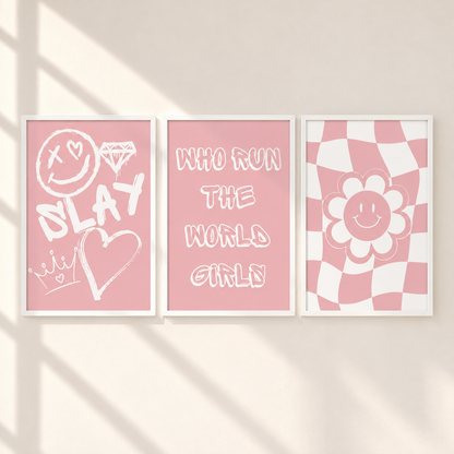 Pink Preppy Girls Wall Art Set | Who Run The World Girls Posters