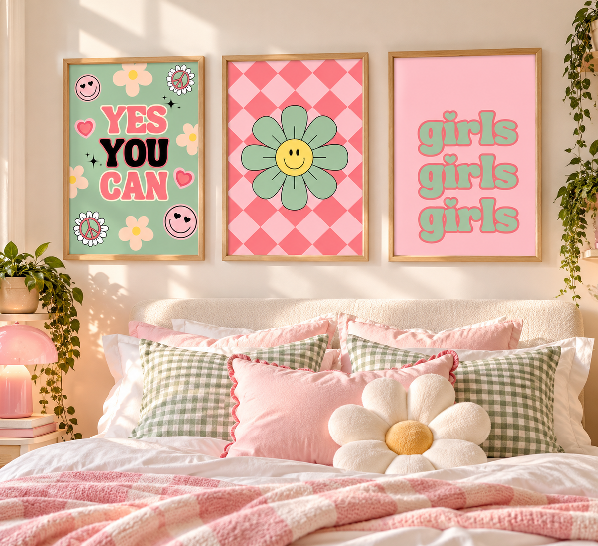 Three framed motivational posters with floral and text designs hang above a bed in a cozy, sunlit bedroom. The posters feature pastel pink, mint green, and red designs with smiley faces and the words 'YES YOU CAN' and 'girls girls girls'.