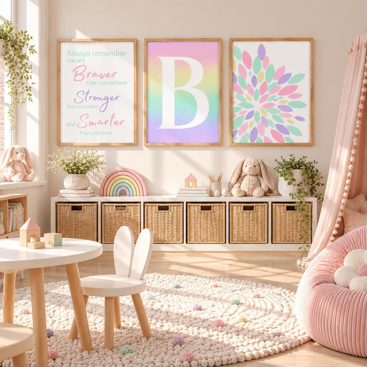 A styled children's room interior with three framed wall art prints hanging above a white storage bench. The prints feature a motivational quote, a large pastel letter B, and a colorful floral mandala.