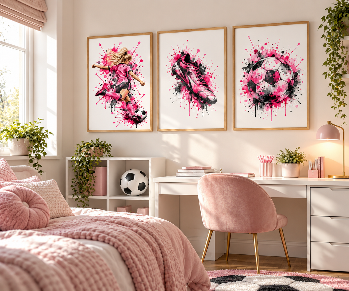 Three framed watercolor art prints featuring a soccer theme in pink, black, and white, displayed on a beige wall in a modern, sunlit bedroom with a pink desk, chair, and bed.