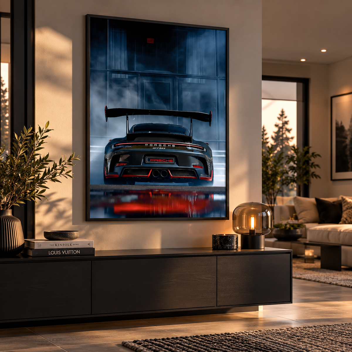 A framed vertical wall art print featuring a dark sports car rear view with a red reflection, displayed in a modern living room above a dark media console.