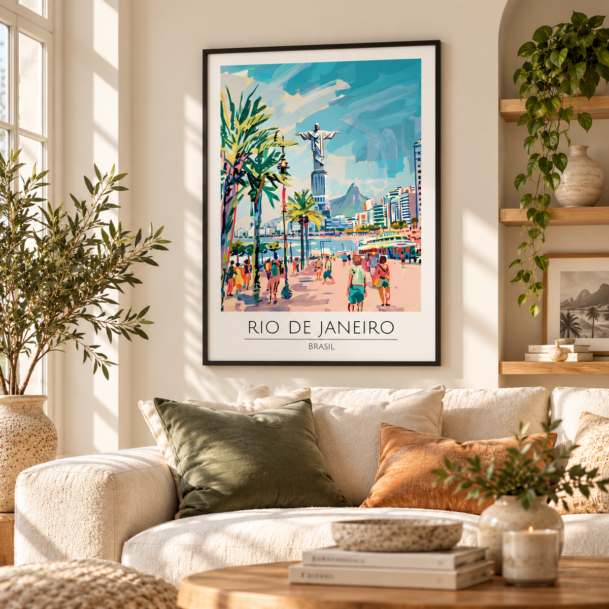 A framed travel poster of Rio de Janeiro, Brazil, hanging on a beige wall in a beautifully styled living room with a cream sofa, green and orange pillows, and potted plants.