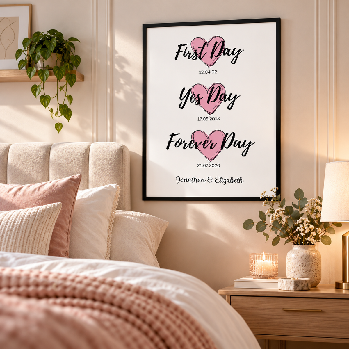 Personalised anniversary wall art with three romantic relationship milestones displayed in a bright neutral bedroom