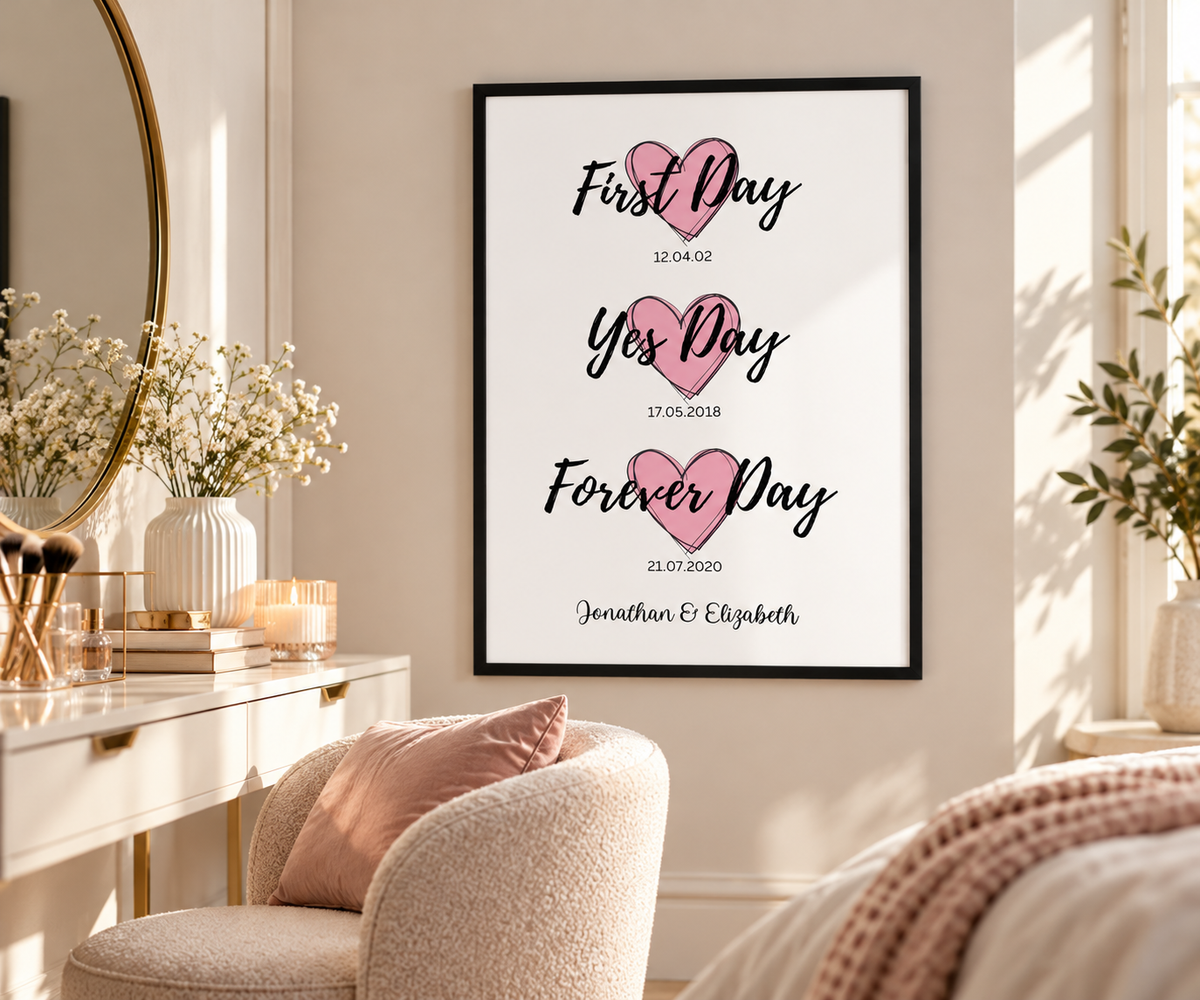 Personalised relationship milestone print with pink illustrated hearts, black handwritten typography and three special dates
