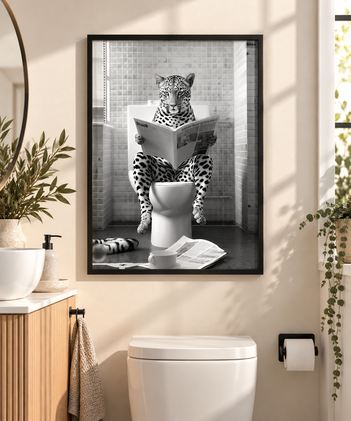 A framed black and white art print of a leopard reading a newspaper on a toilet, displayed on a beige wall above a white toilet in a modern bathroom setting.
