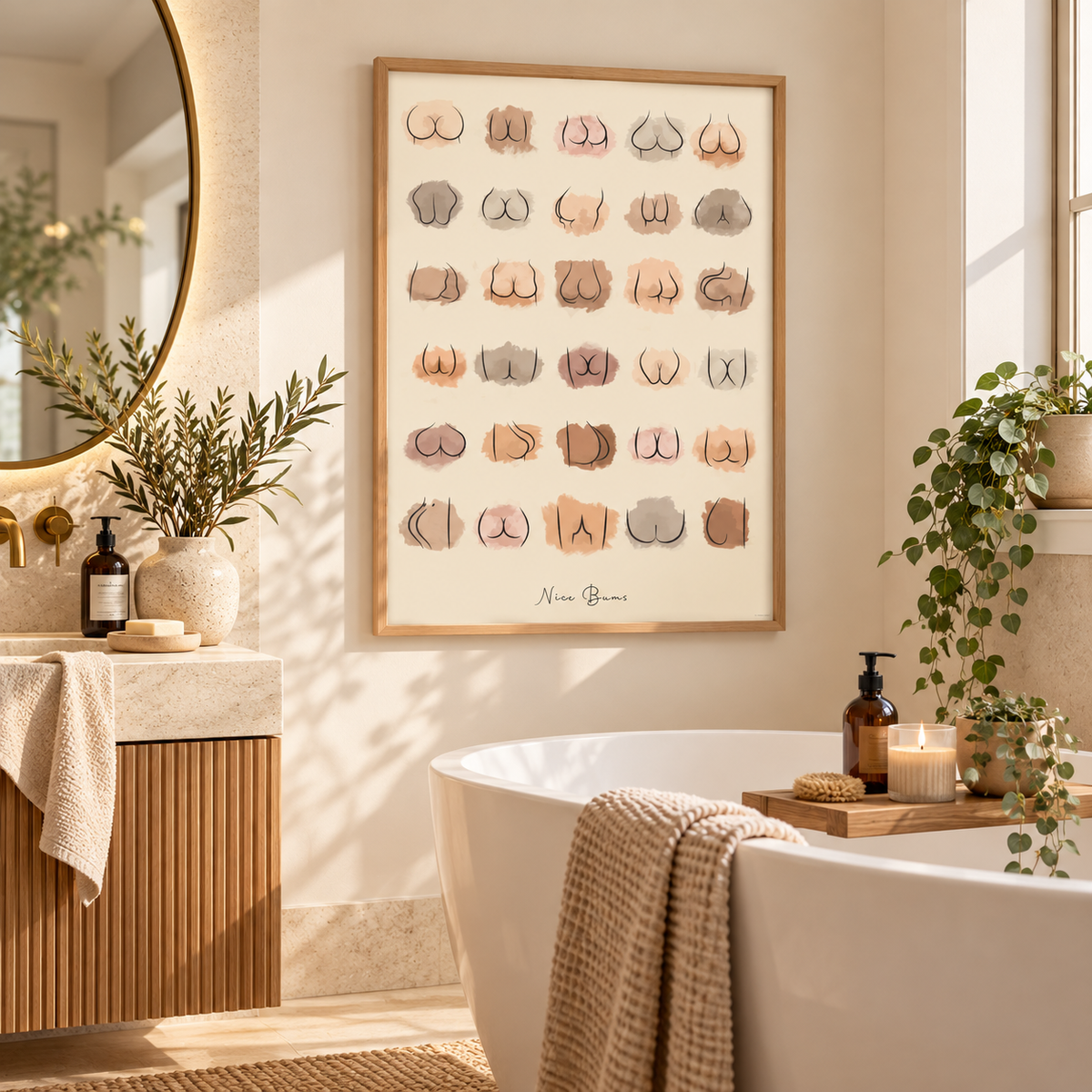 Cheeky bathroom wall art print in blush beige and taupe displayed in a stylish neutral ensuite