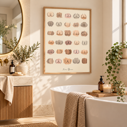 Cheeky bathroom wall art print in blush beige and taupe displayed in a stylish neutral ensuite