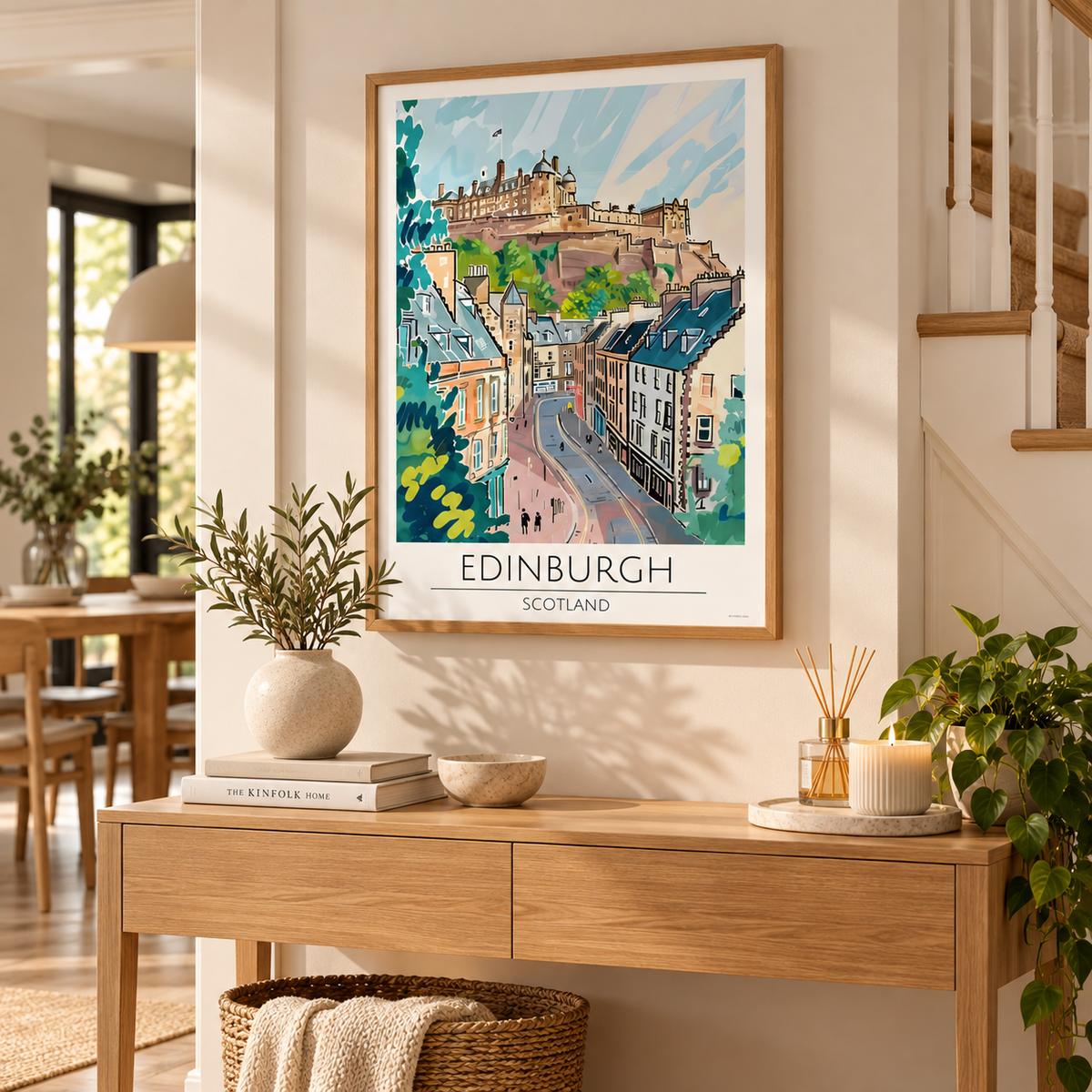 A framed travel poster of Edinburgh, Scotland, hanging on a beige wall in a beautifully styled home entryway with a wooden console table, plants, and a staircase.