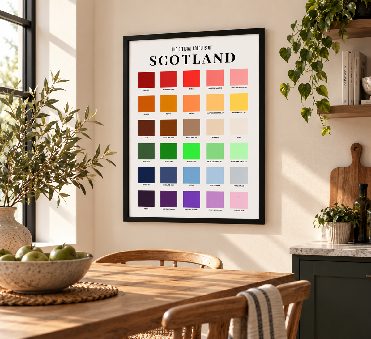 A framed poster titled 'The Official Colors of SCOTLAND' hangs on a beige wall in a styled dining room. The poster features a grid of 24 color blocks representing the Scottish national colors, from red and orange to green, blue, purple, and pink.