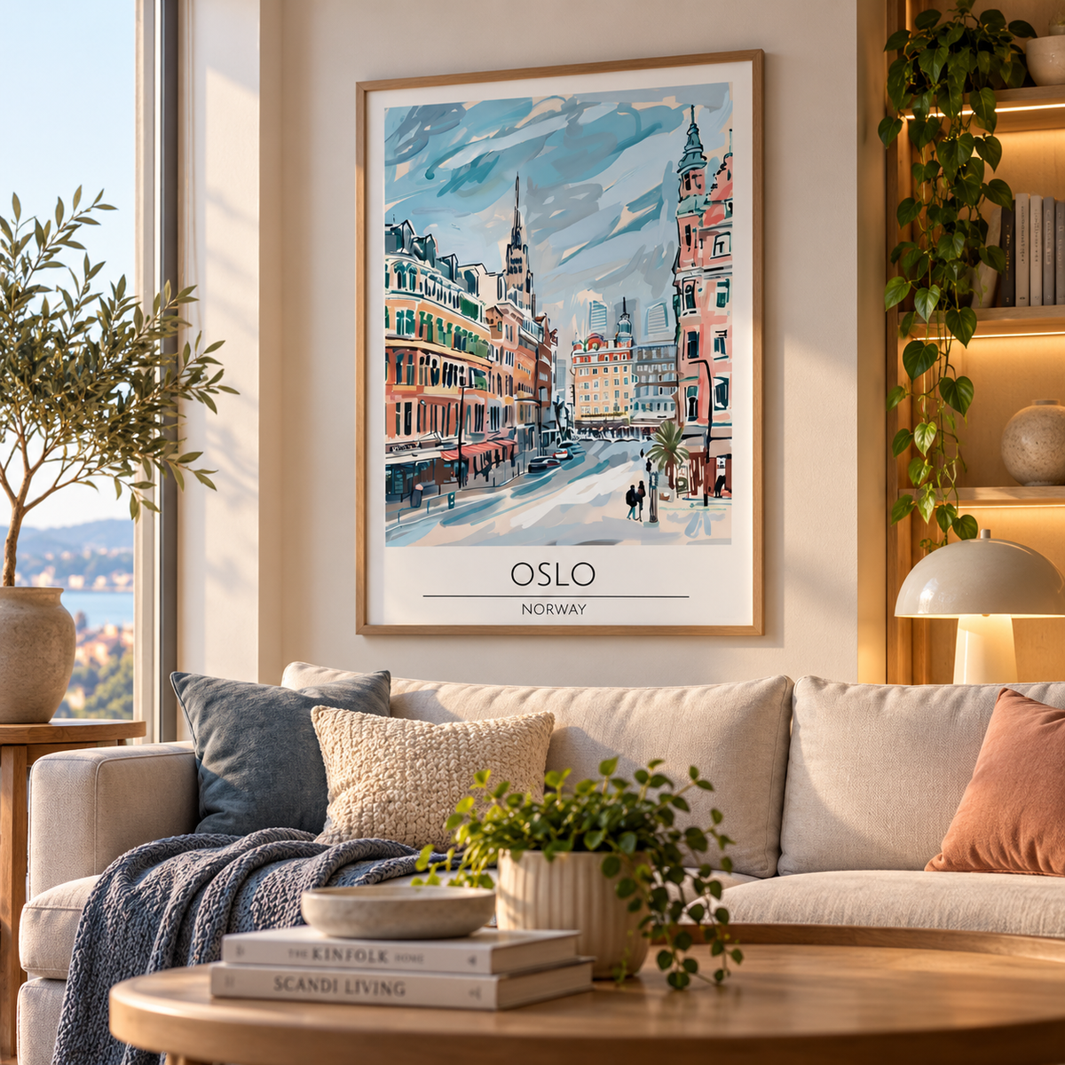 A framed art print of Oslo, Norway, featuring a colorful painting of a snowy city street with historic buildings, styled on a beige sofa in a modern living room setting.