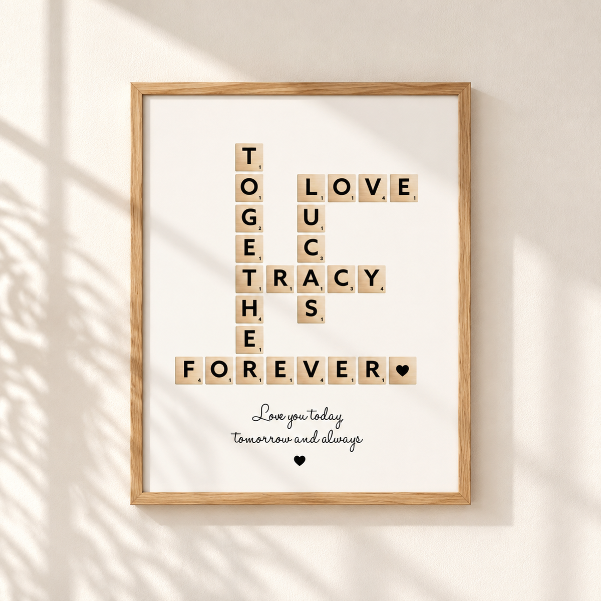 Personalised couples Scrabble print featuring custom names romantic love words and anniversary quote in oak frame