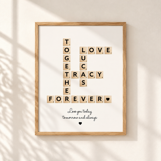 Personalised couples Scrabble print featuring custom names romantic love words and anniversary quote in oak frame