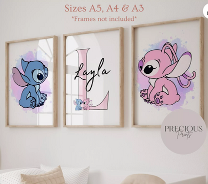 Set of 3 Personalised Angel & Stitch Prints