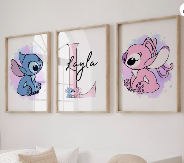 Personalised Stitch & Angel Nursery Prints Set | Disney Inspired Kids Wall Art