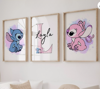 Personalised Stitch & Angel Nursery Prints Set | Disney Inspired Kids Wall Art