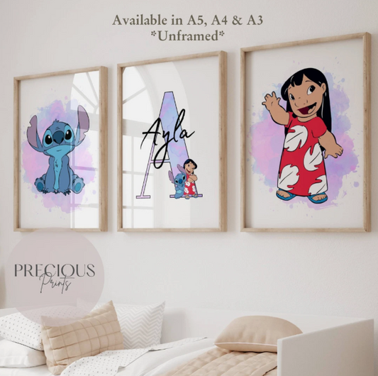 Set of 3 Personalised Lilo and Stitch Prints